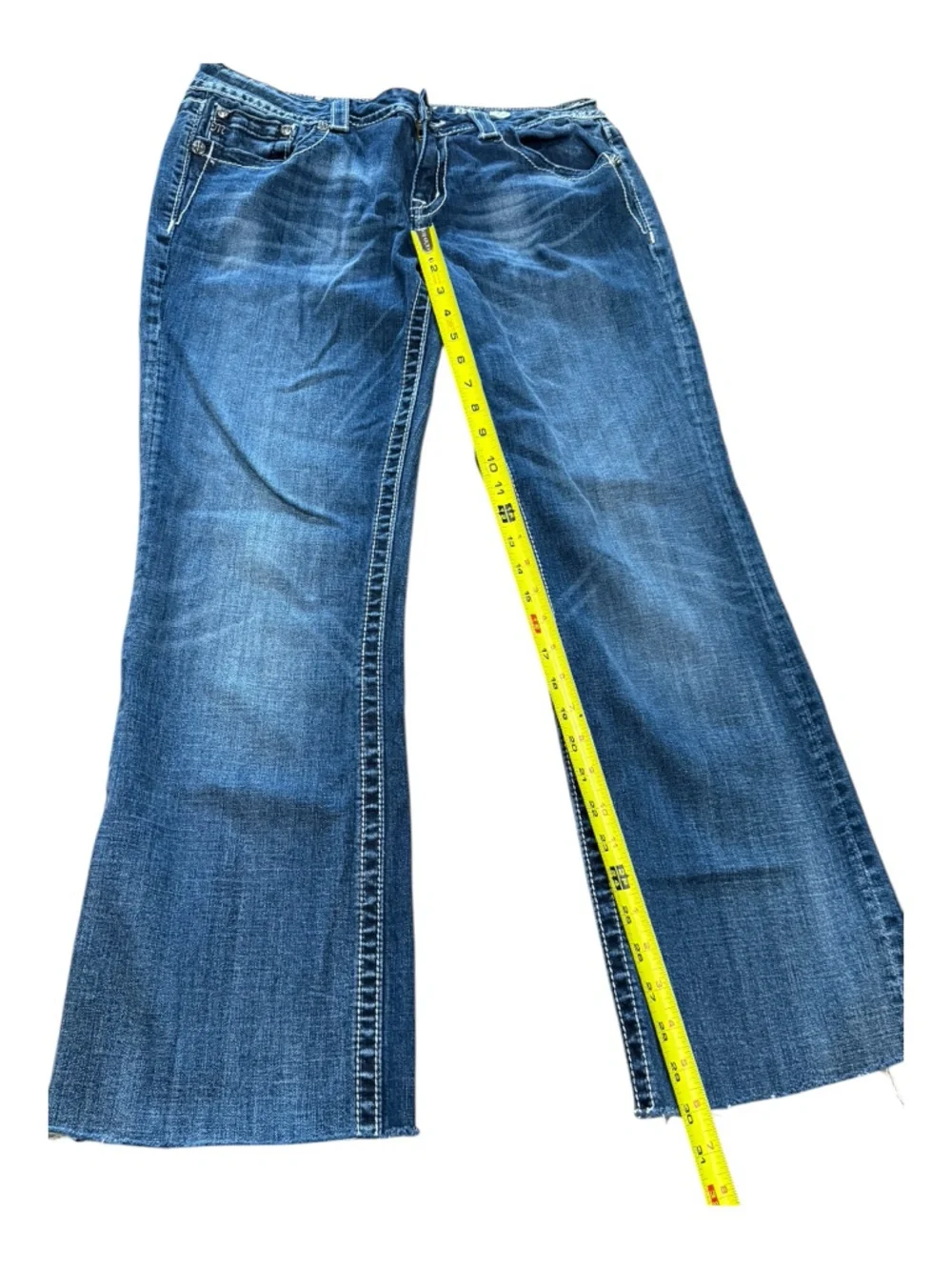 Miss Me Blue Stretch Denim Bootcut Jeans with Silver Embroidered Wing Pockets 34 - Picture 9 of 16